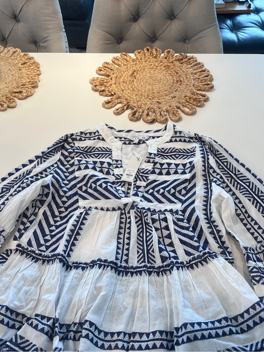 Francesca's Collections Navy and White Geometric Embroidered Tunic
